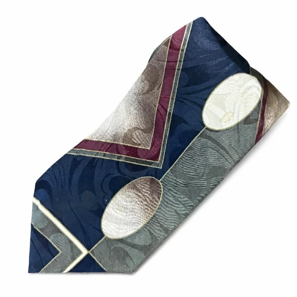 Daniel Hechter Silk Tie Mens Vintage Abstract Oval Geometric Blue Gray Maroon